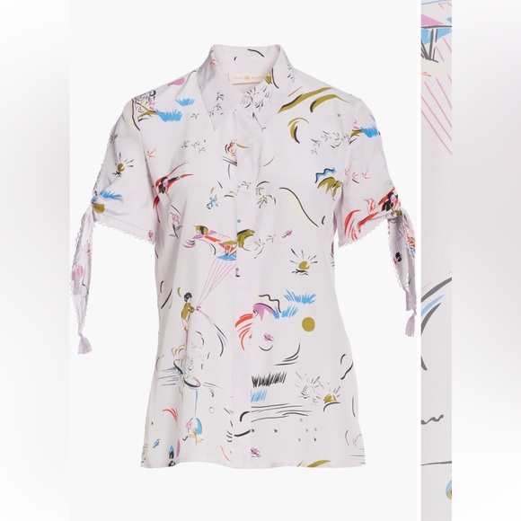 EUC Tory Burch Purple Daydream Tie-Sleeve Silk Short Sleeve Button Down Top 2 - Picture 12 of 13